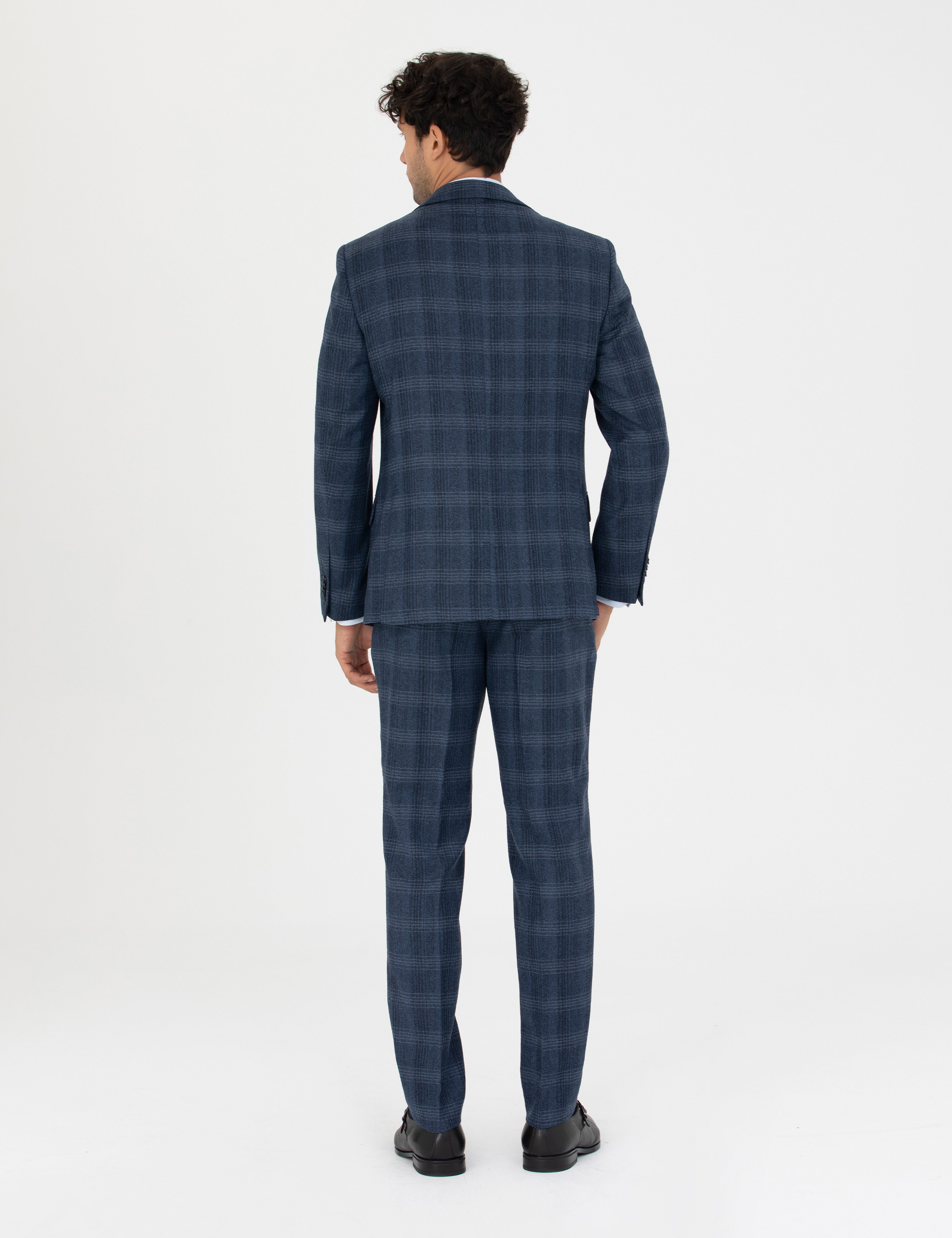 %100 Yün Ekose Lacivert Ekstra Slim Fit Takım Elbise - Image 5