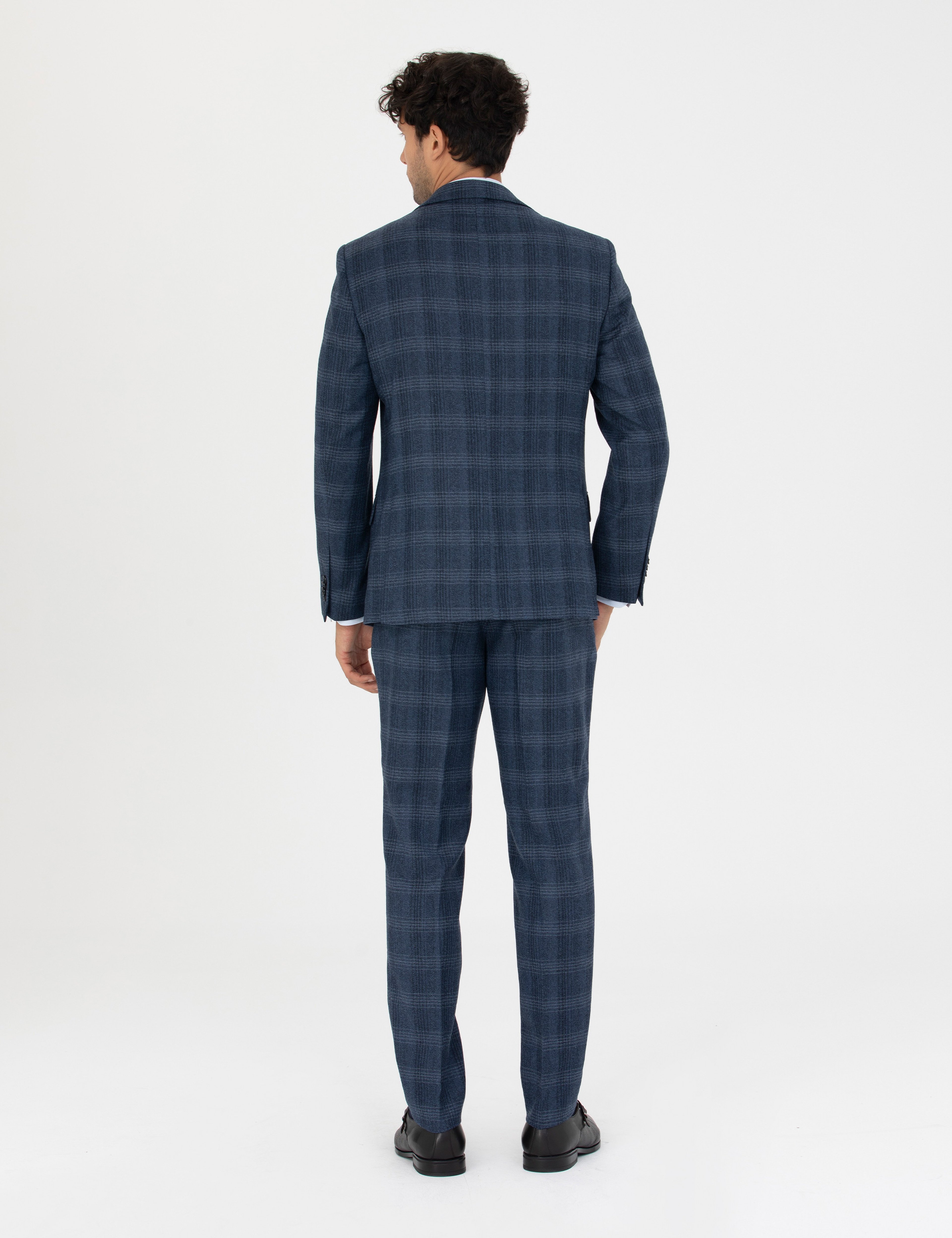 %100 Yün Ekose Lacivert Ekstra Slim Fit Takım Elbise