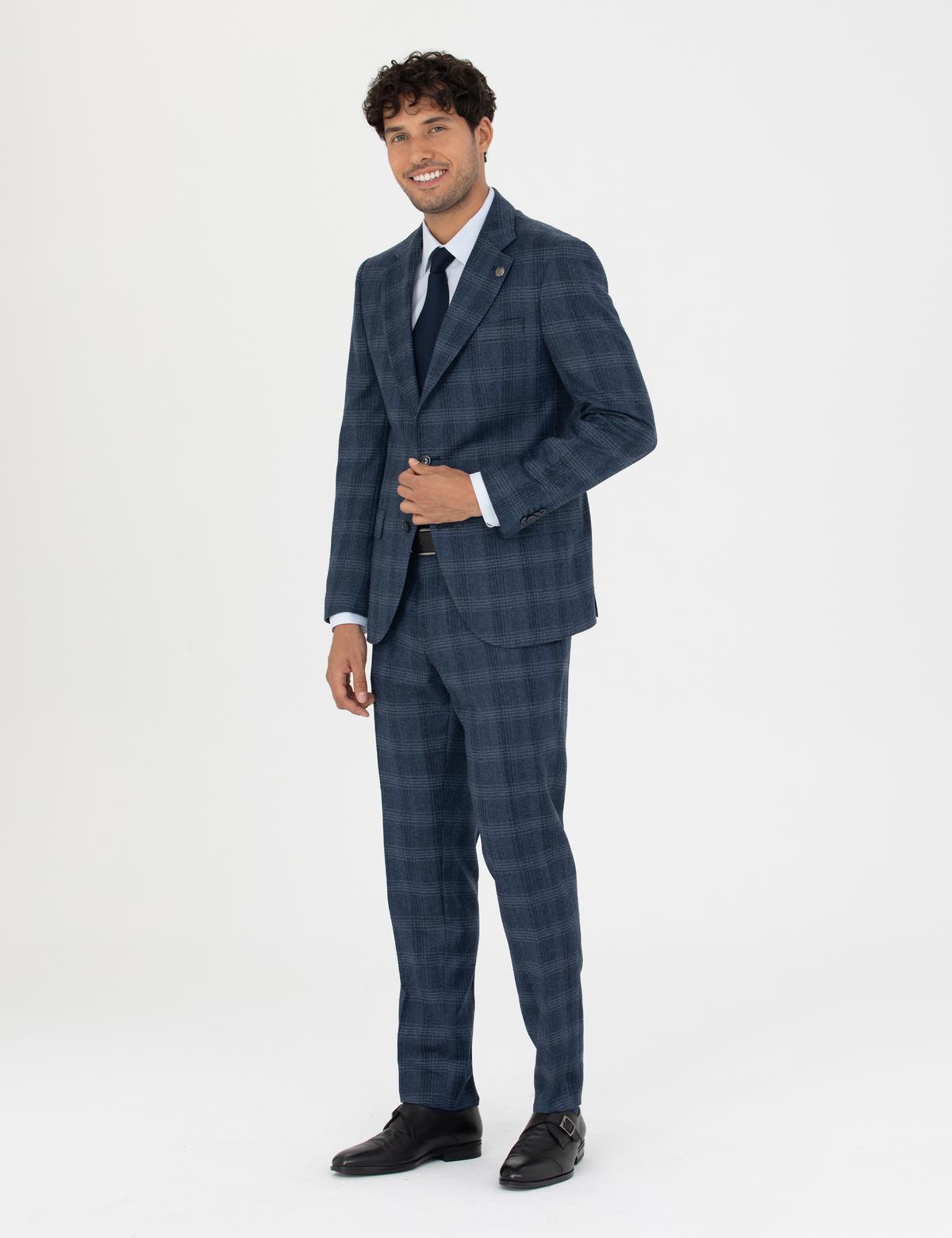 %100 Yün Ekose Lacivert Ekstra Slim Fit Takım Elbise - 50273458053