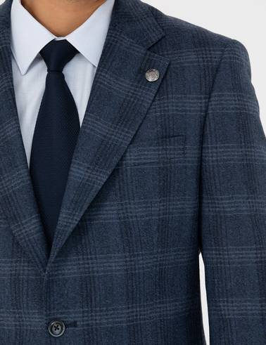 %100 Yün Ekose Lacivert Ekstra Slim Fit Takım Elbise