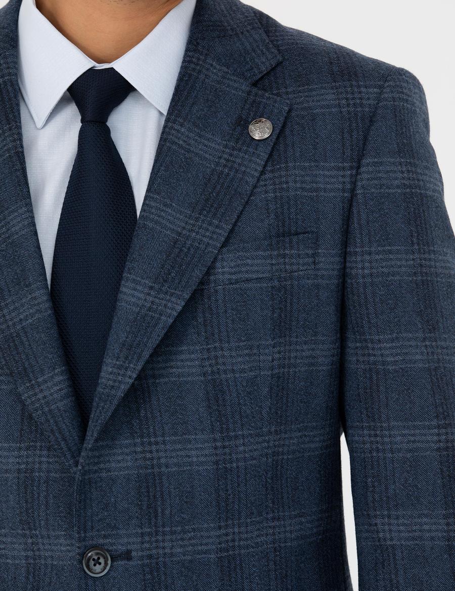 %100 Yün Ekose Lacivert Ekstra Slim Fit Takım Elbise