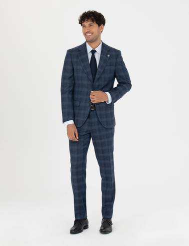 %100 Yün Ekose Lacivert Ekstra Slim Fit Takım Elbise