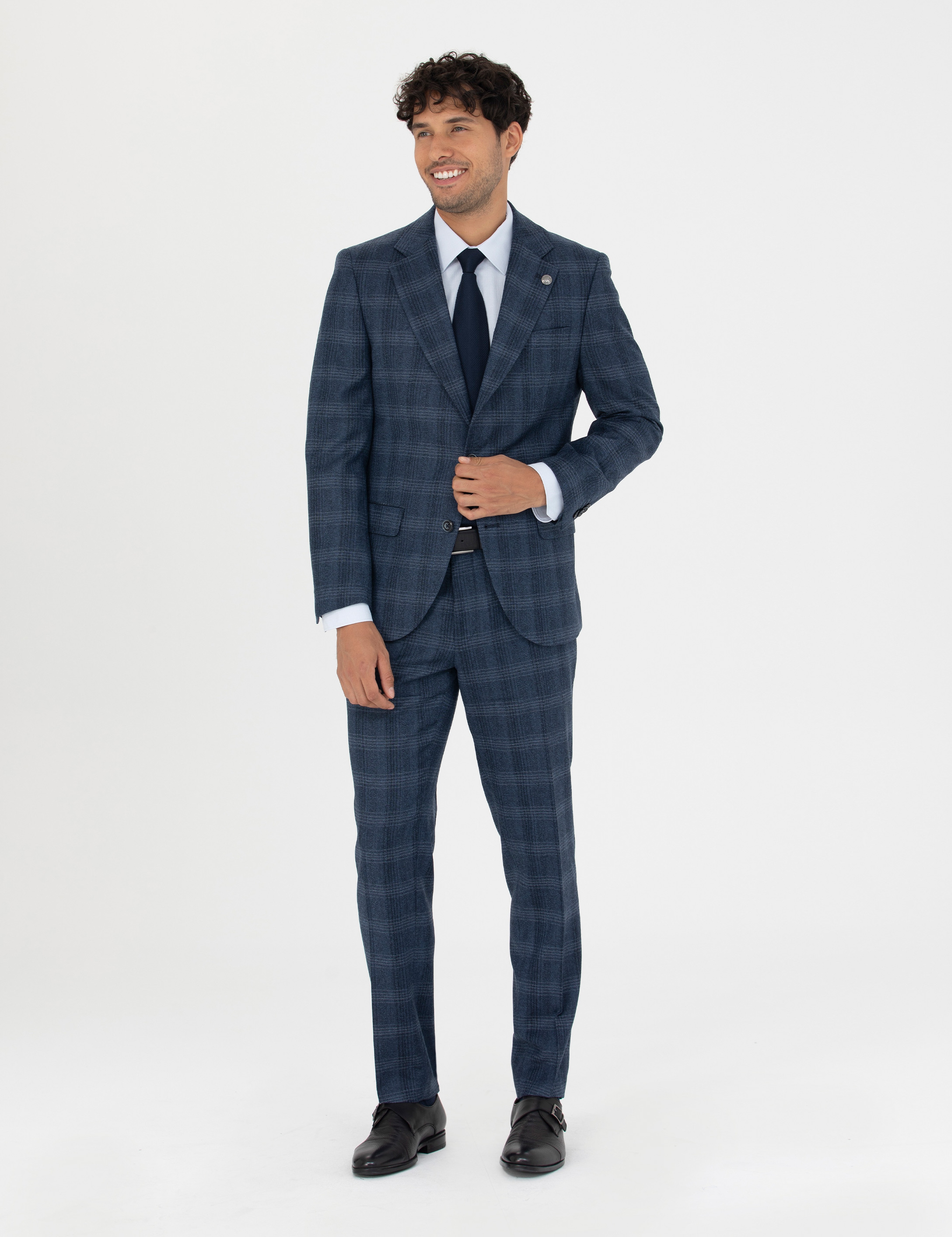 %100 Yün Ekose Lacivert Ekstra Slim Fit Takım Elbise - Image 1