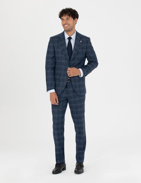 %100 Yün Ekose Lacivert Ekstra Slim Fit Takım Elbise - 50273458053