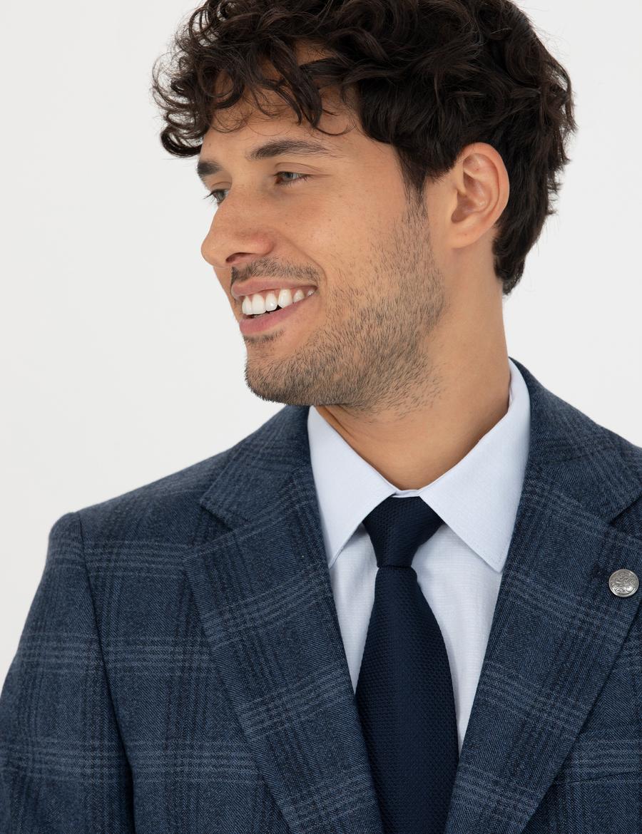 %100 Yün Ekose Lacivert Ekstra Slim Fit Takım Elbise