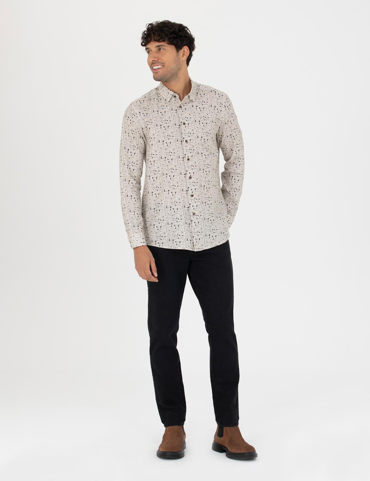 Bej Slim Fit Uzun Kollu Gömlek - 50276009025