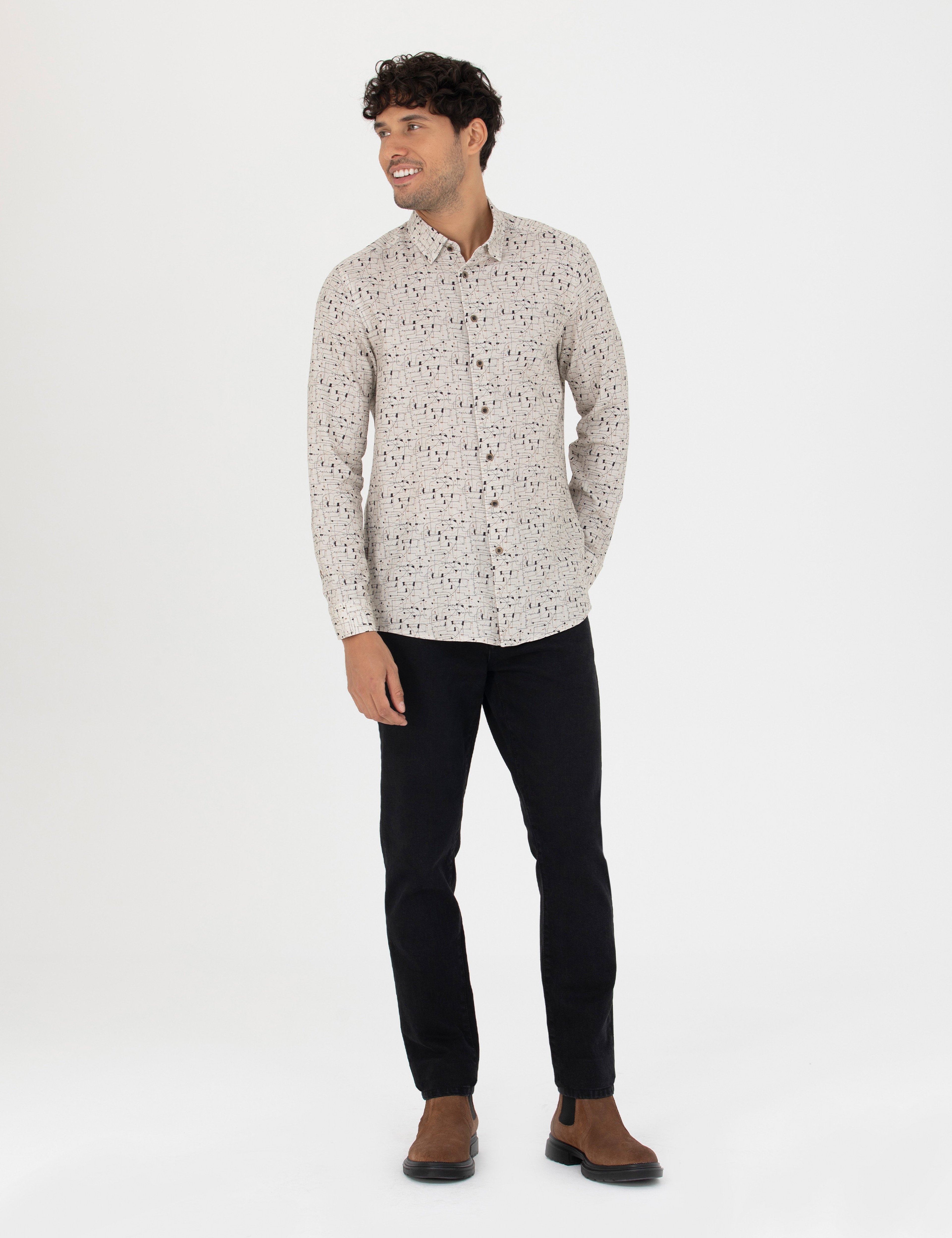 Bej Slim Fit Uzun Kollu Gömlek