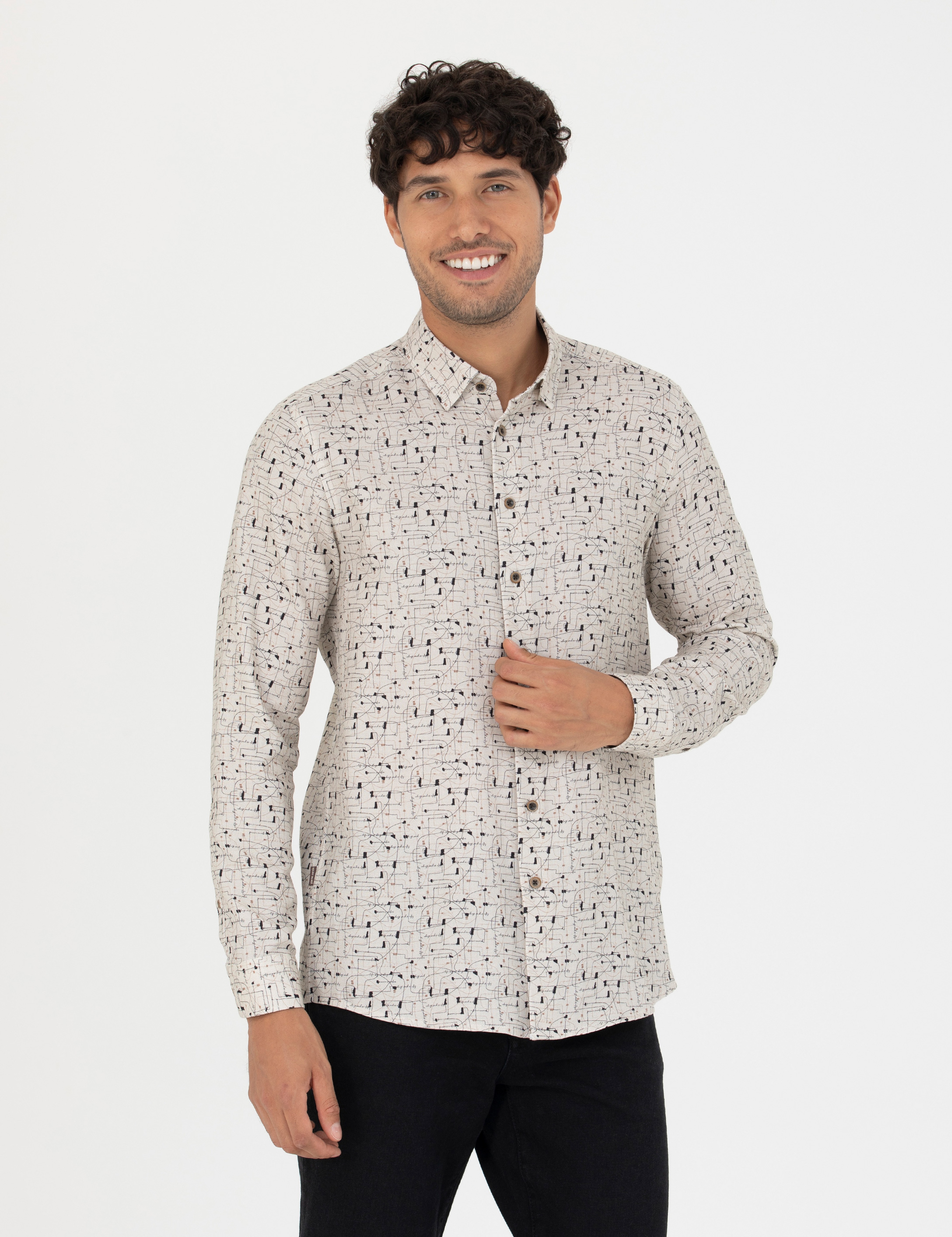 Bej Slim Fit Uzun Kollu Gömlek - Image 3