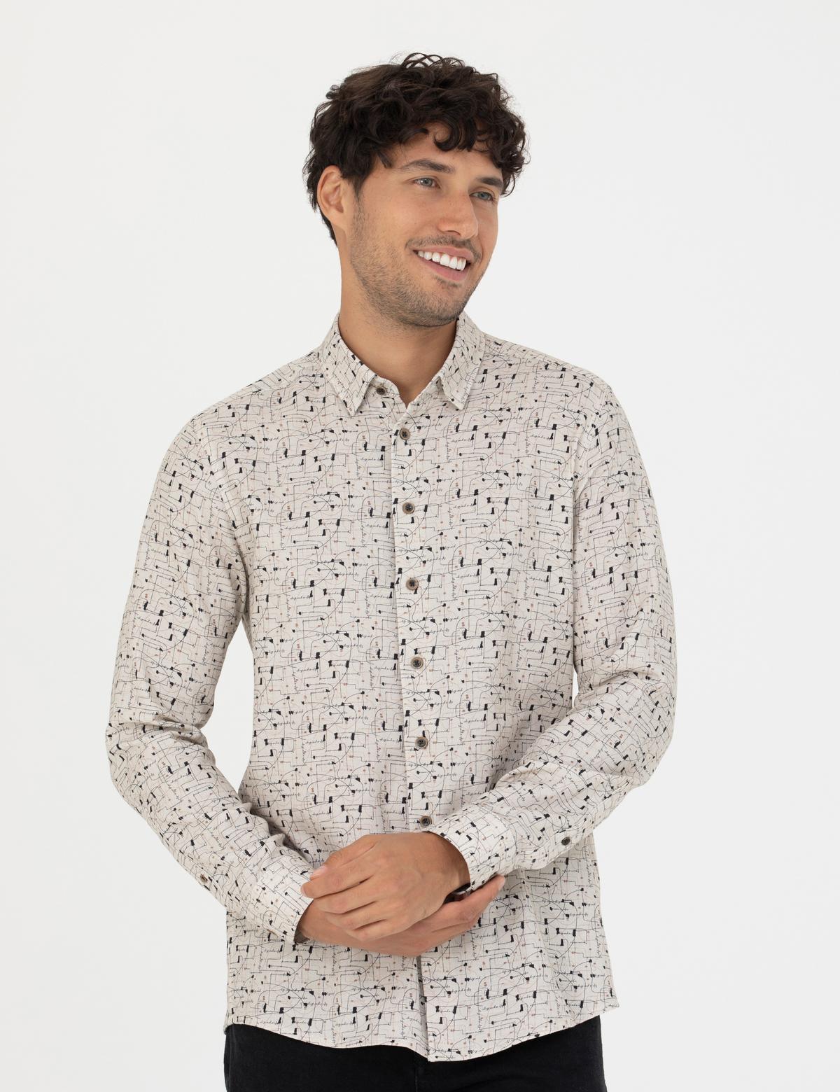 Bej Slim Fit Uzun Kollu Gömlek