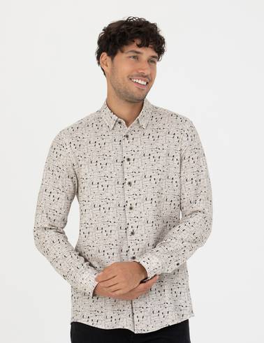 Bej Slim Fit Uzun Kollu Gömlek