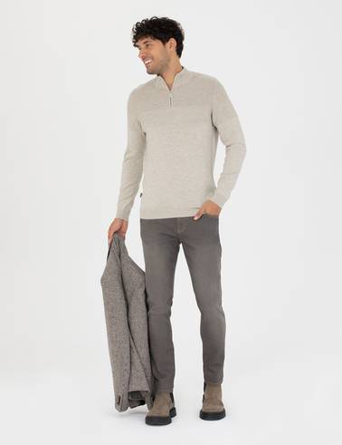 Kum Melanj Slim Fit Fermuarlı Dik Yaka Triko Kazak