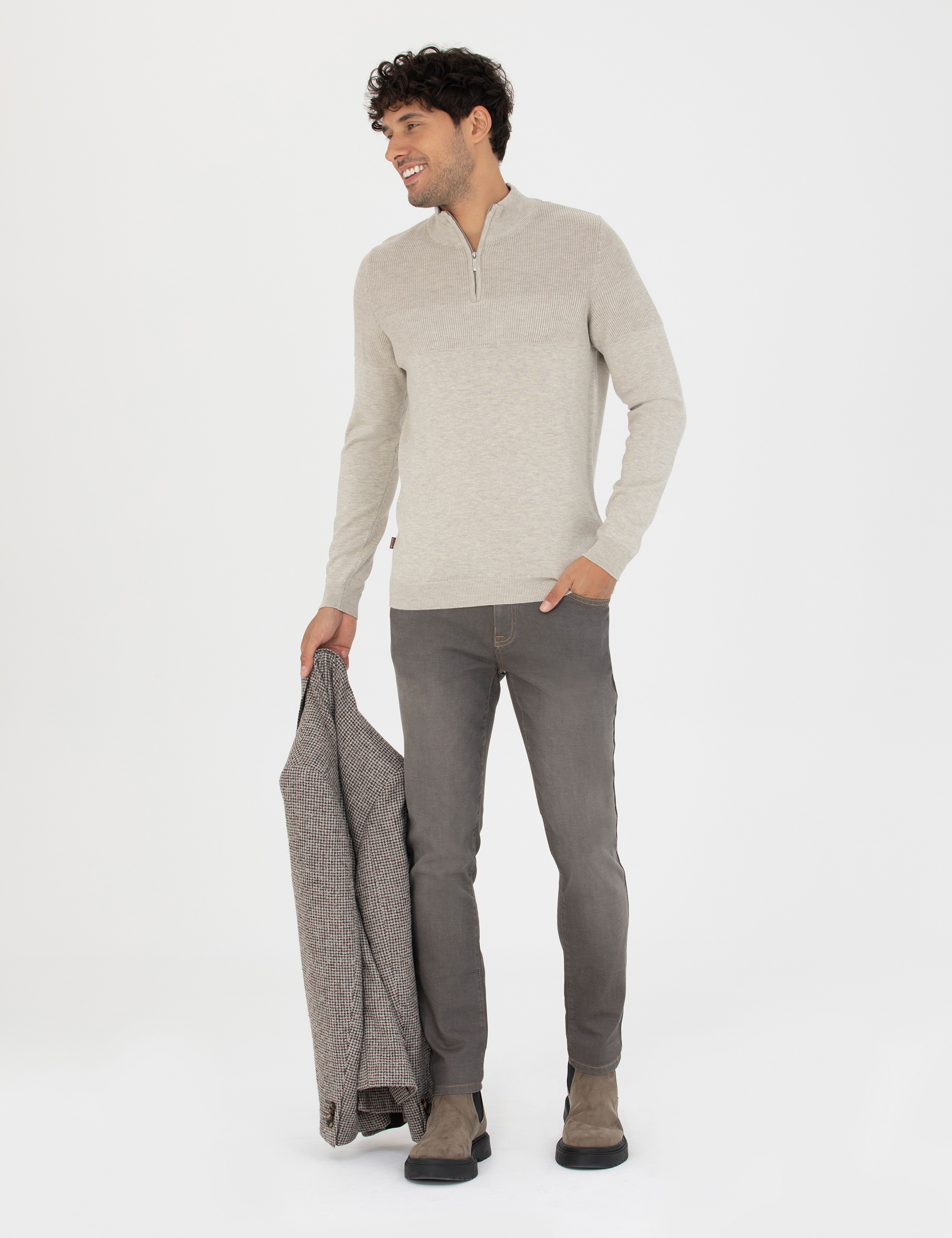 Kum Melanj Slim Fit Fermuarlı Dik Yaka Triko Kazak