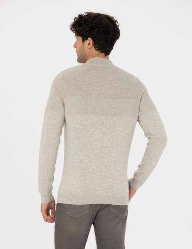Kum Melanj Slim Fit Fermuarlı Dik Yaka Triko Kazak