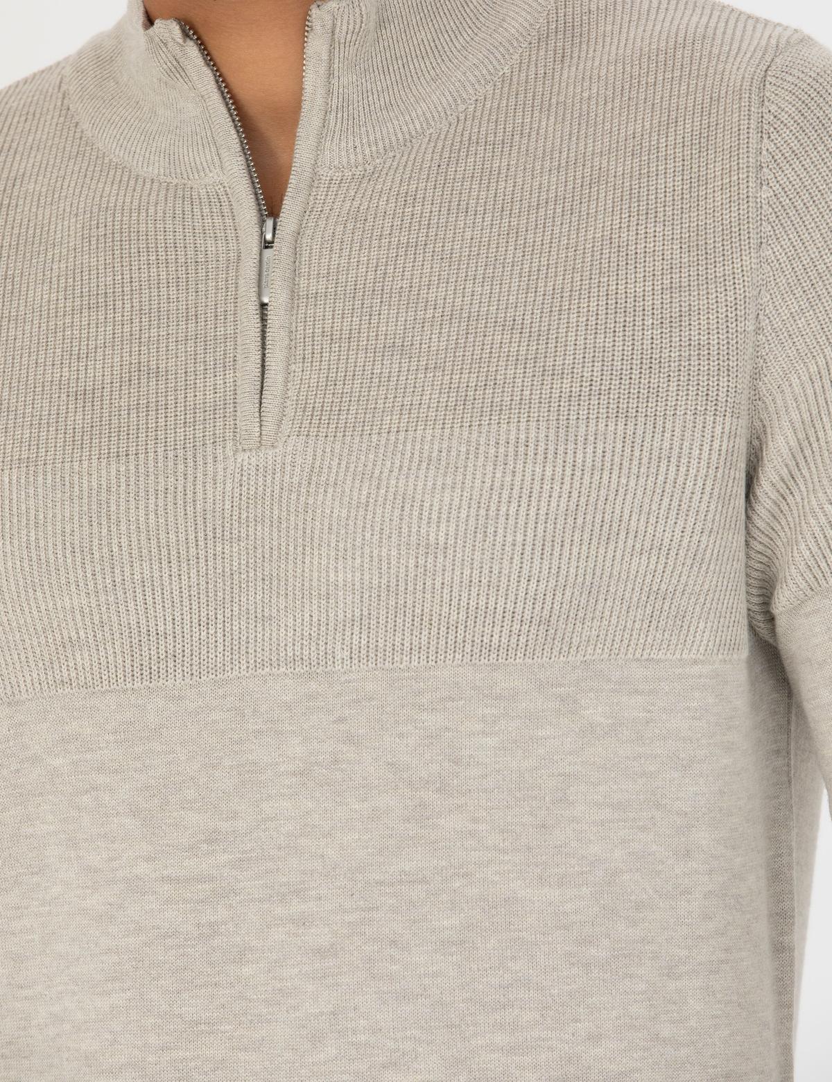 Kum Melanj Slim Fit Fermuarlı Dik Yaka Triko Kazak - 50278093001