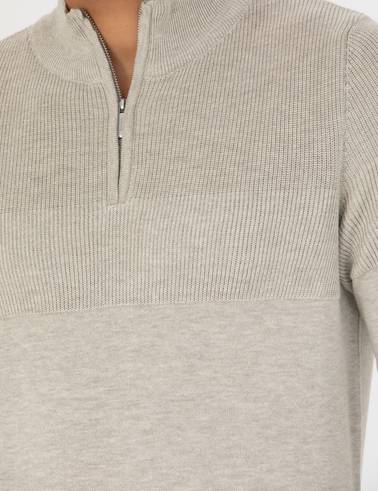 Kum Melanj Slim Fit Fermuarlı Dik Yaka Triko Kazak