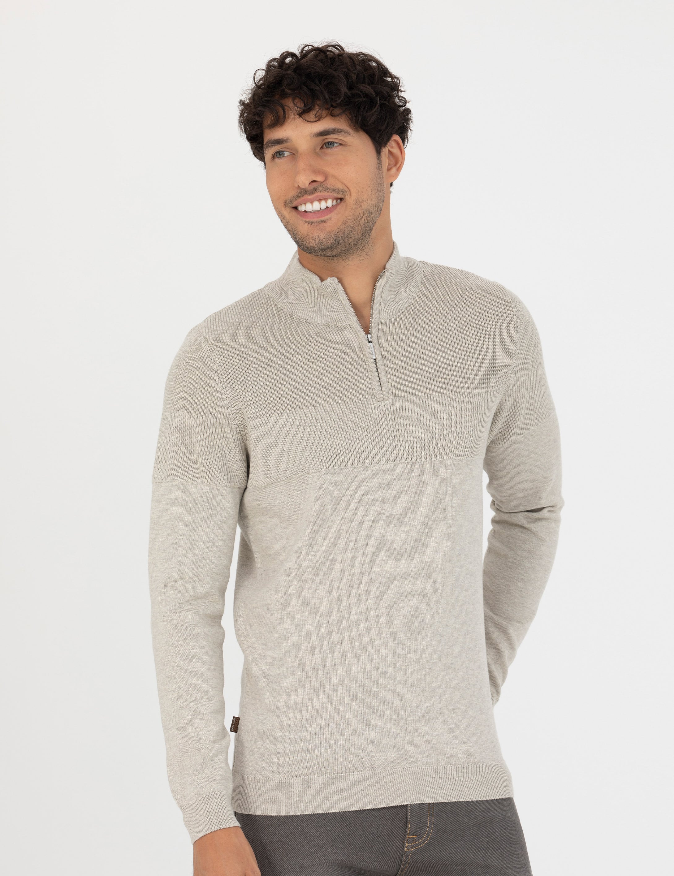 Pierre Cardin Kum Melanj Slim Fit Fermuarlı Dik Yaka Triko Kazak görsel 3