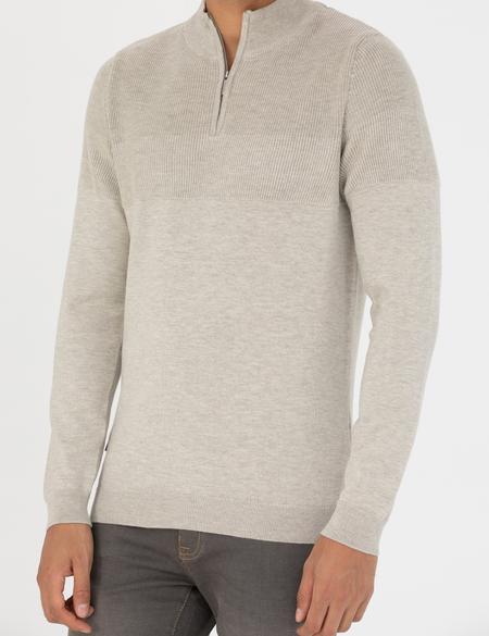 Kum Melanj Slim Fit Fermuarlı Dik Yaka Triko Kazak - 50278093001