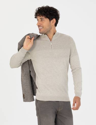 Kum Melanj Slim Fit Fermuarlı Dik Yaka Triko Kazak