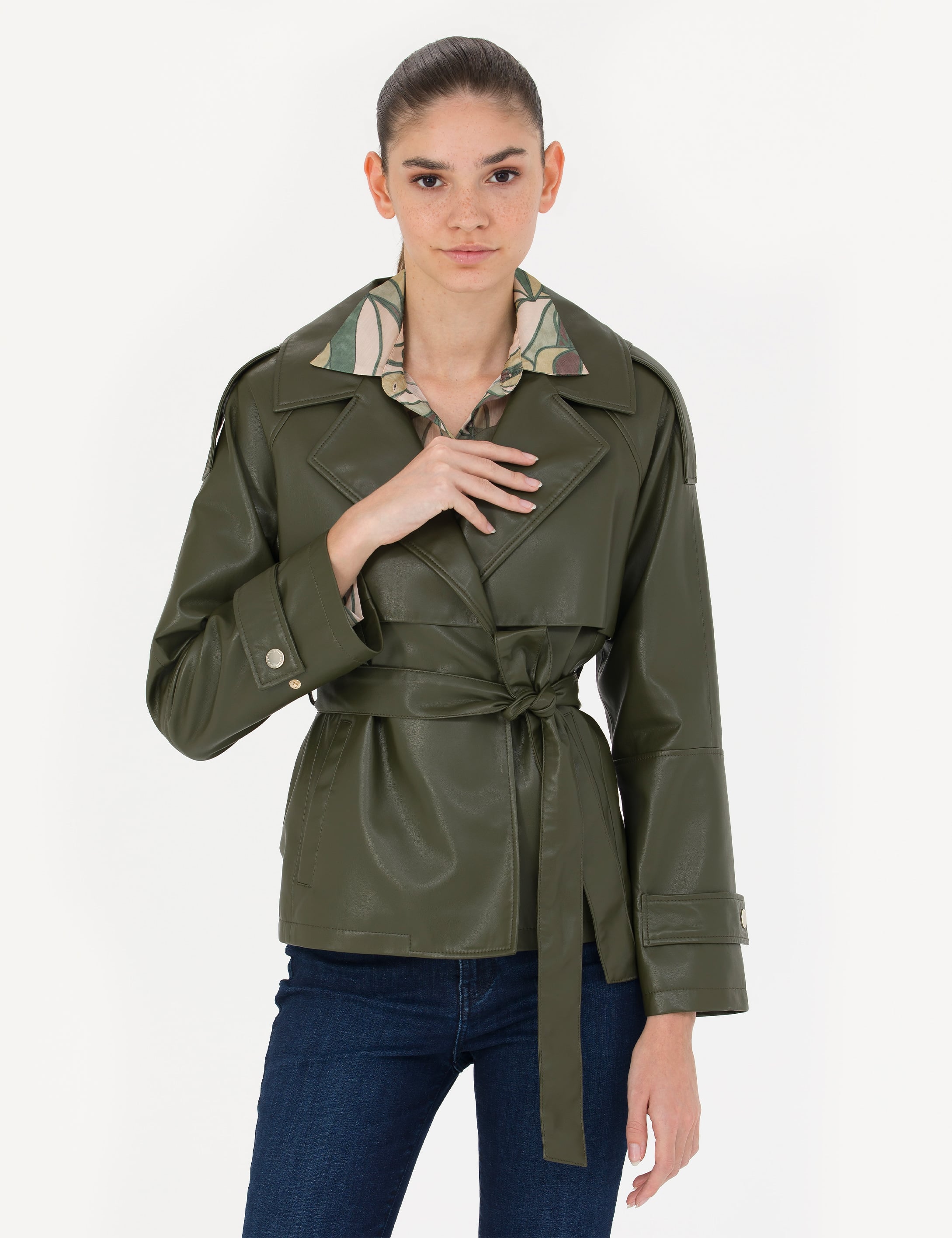 Haki Regular Fit Suni Deri Ceket - Image 1