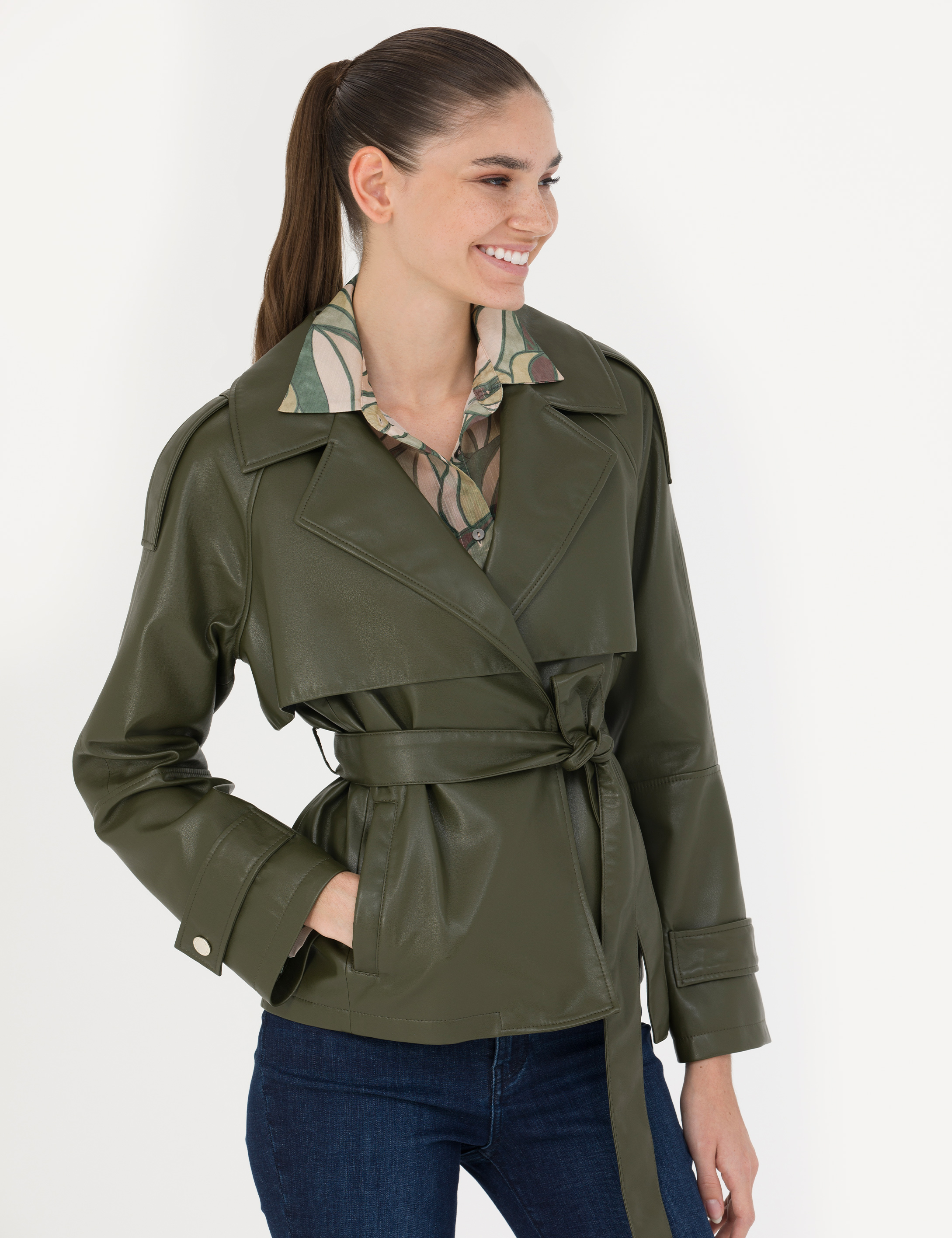 Haki Regular Fit Suni Deri Ceket - Image 3