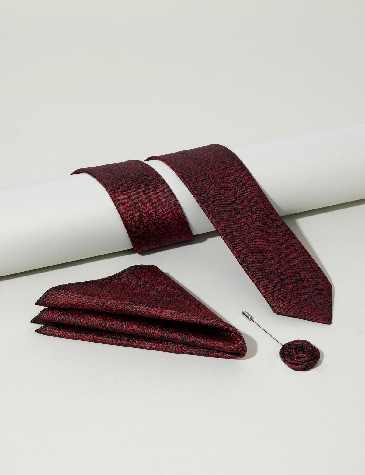 Bordo 3'lü Kravat Mendil Set