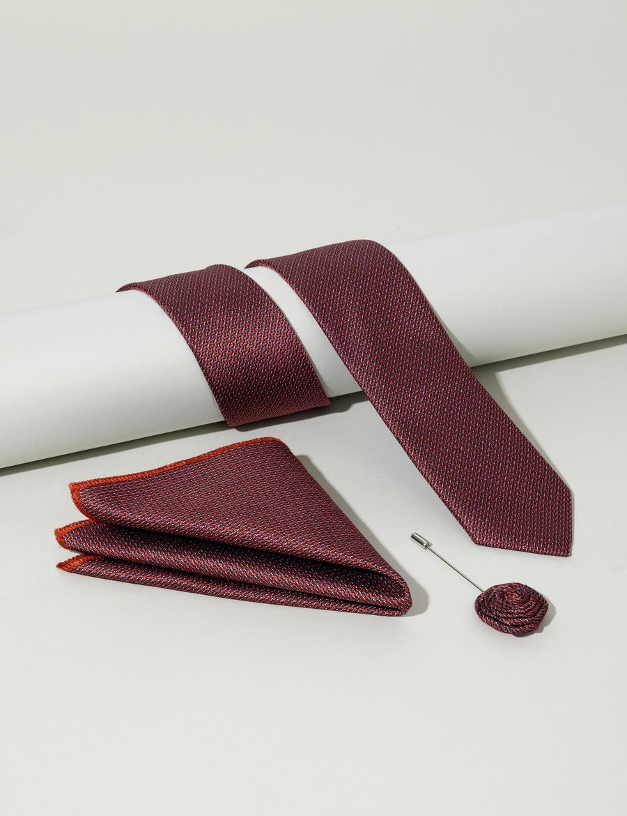 Turuncu 3'lü Kravat Mendil Set