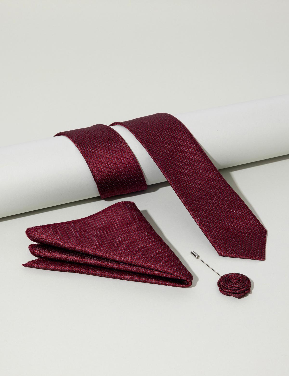 Bordo 3'lü Kravat Mendil Set