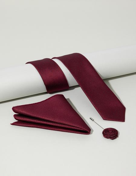 Bordo 3'lü Kravat Mendil Set - 50284575002