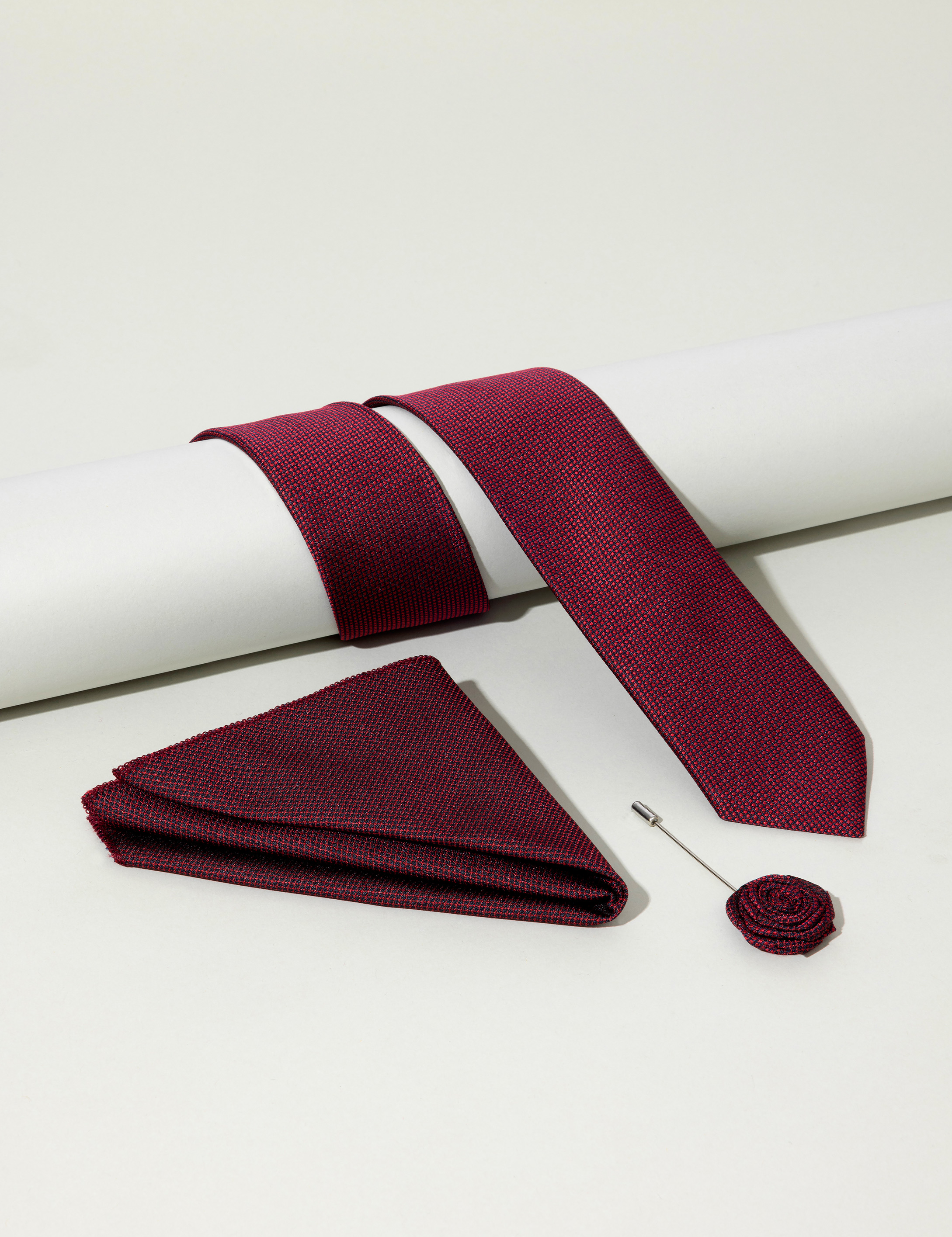 Bordo 3'lü Kravat Mendil Set