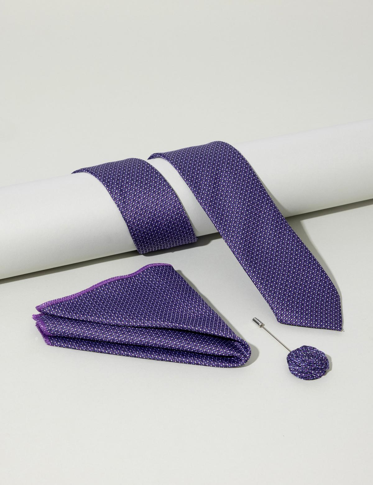 Mor 3'lü Kravat Mendil Set