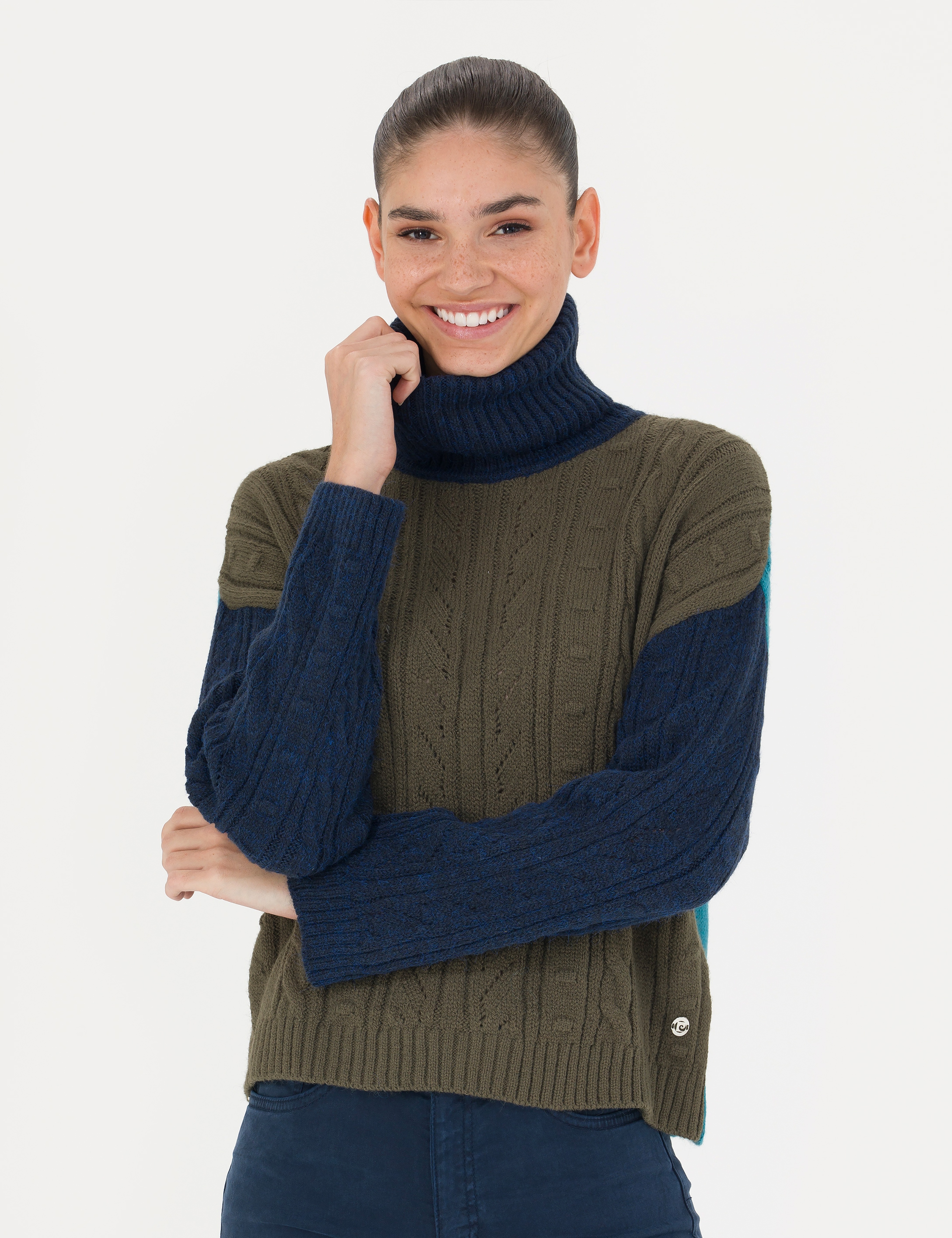 Lacivert Crop Top Balıkçı Yaka Kazak