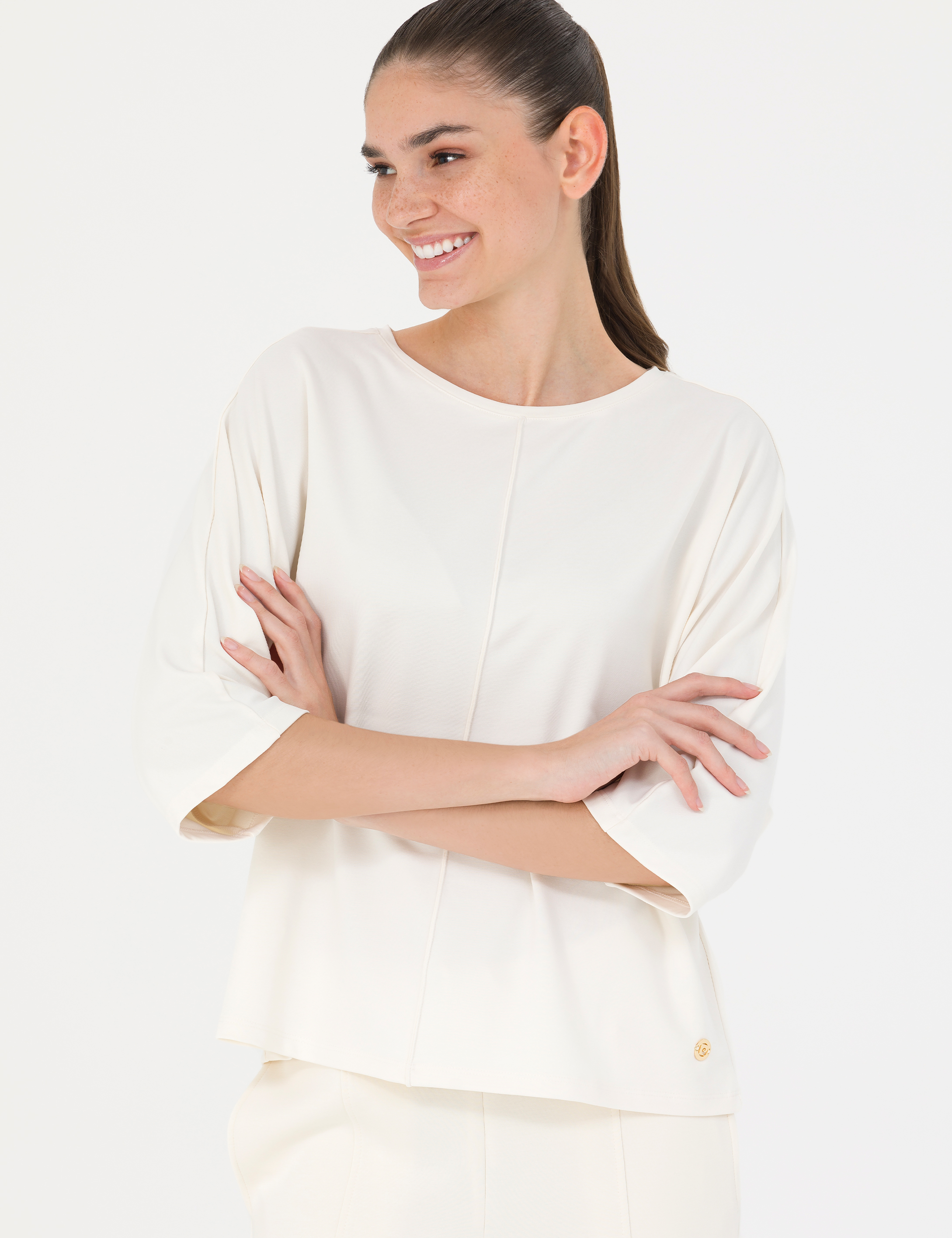 Krem Oversize Örme Bluz - Image 3