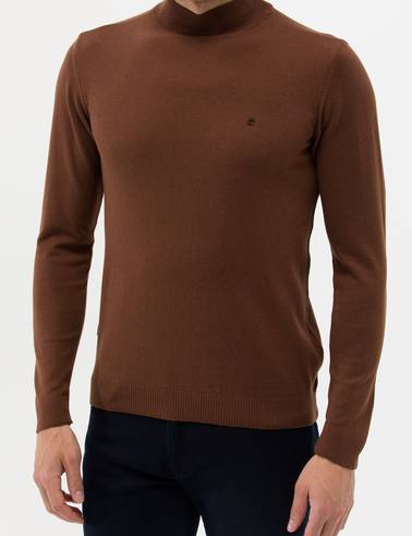 Kahverengi Slim Fit Yarım Balıkçı Yaka Basic Triko Kazak