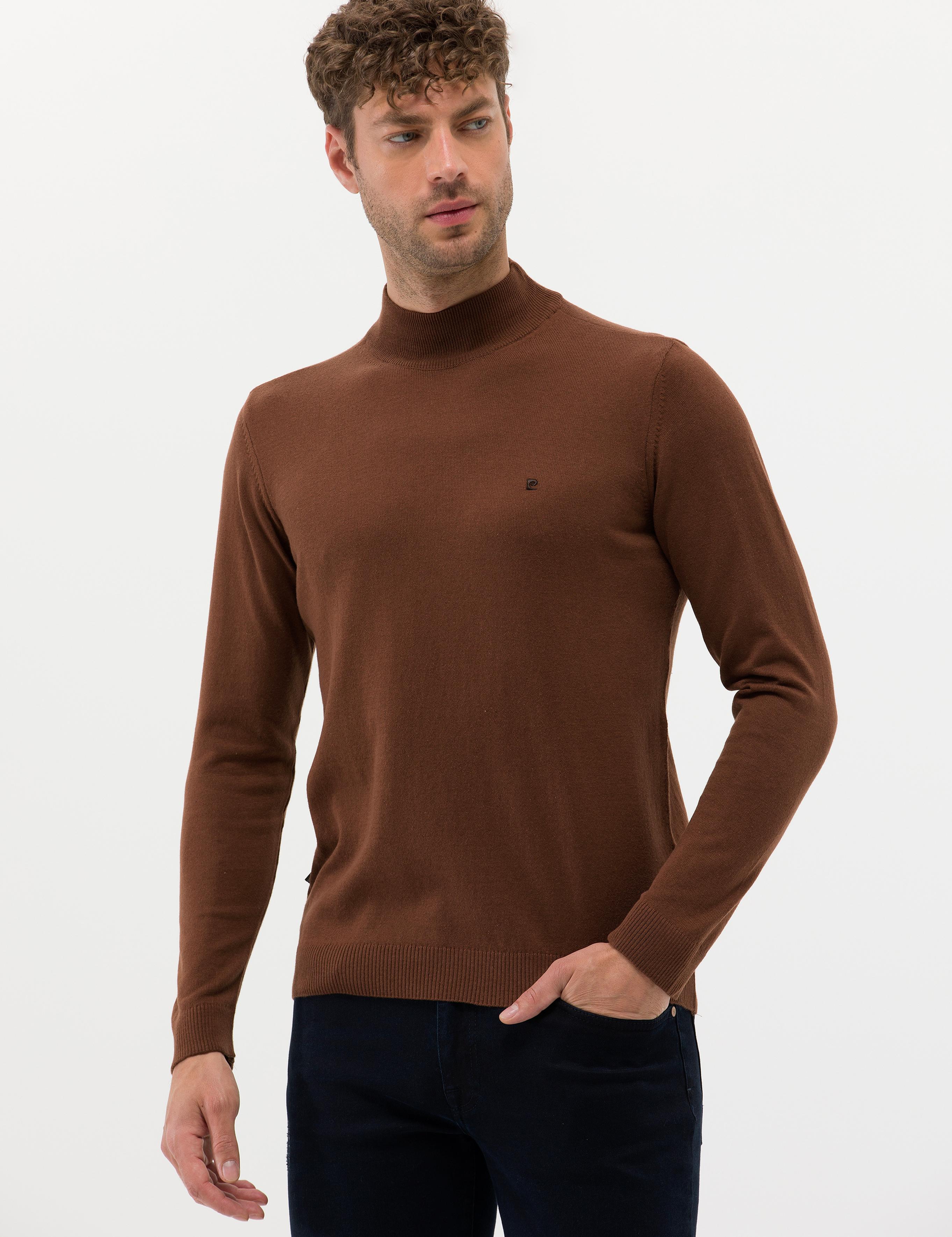 Kahverengi Slim Fit Yarım Balıkçı Yaka Basic Triko Kazak