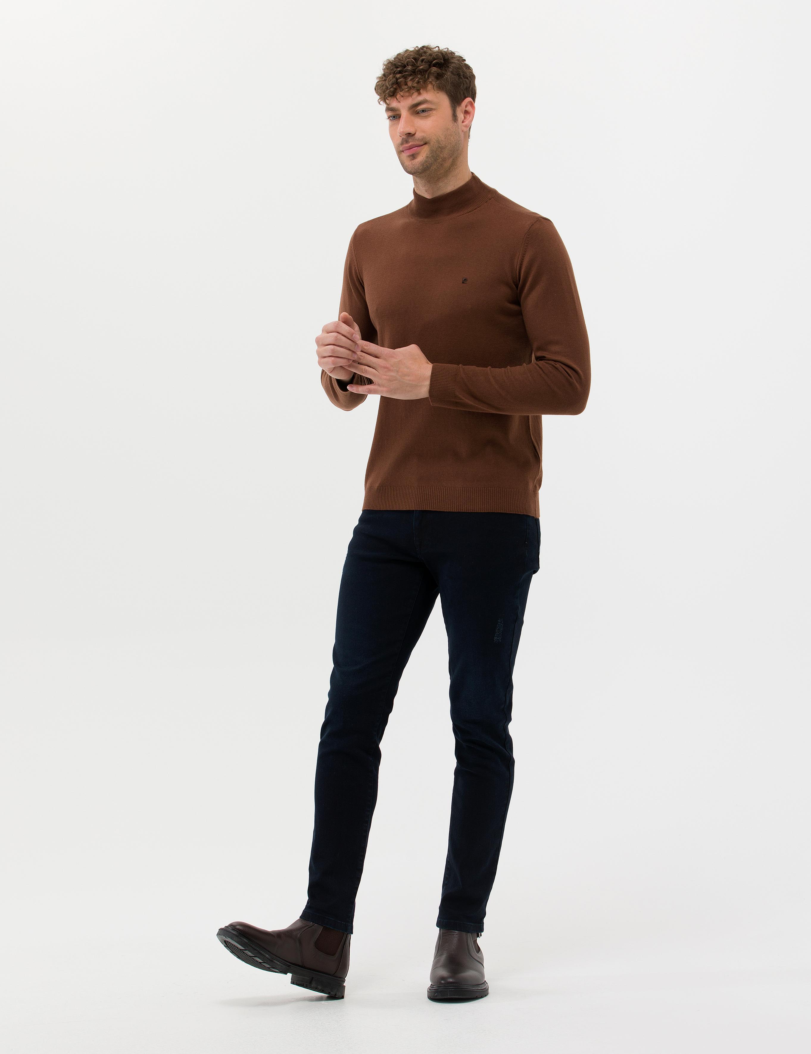 Kahverengi Slim Fit Yarım Balıkçı Yaka Basic Triko Kazak