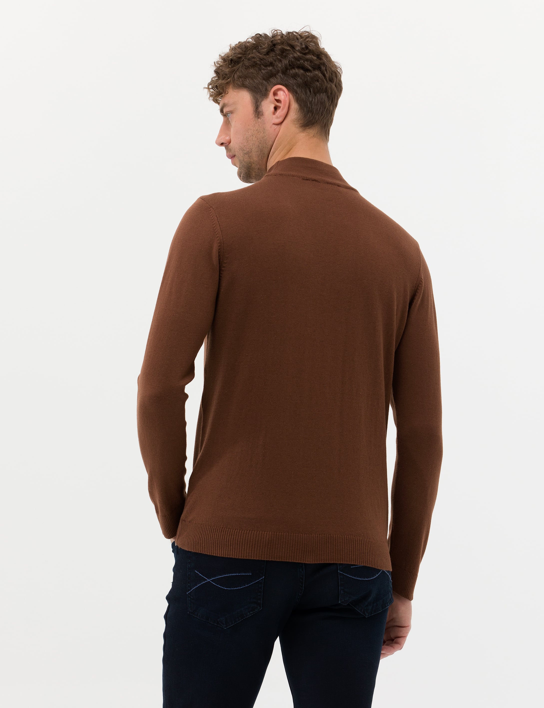 Kahverengi Slim Fit Yarım Balıkçı Yaka Basic Triko Kazak