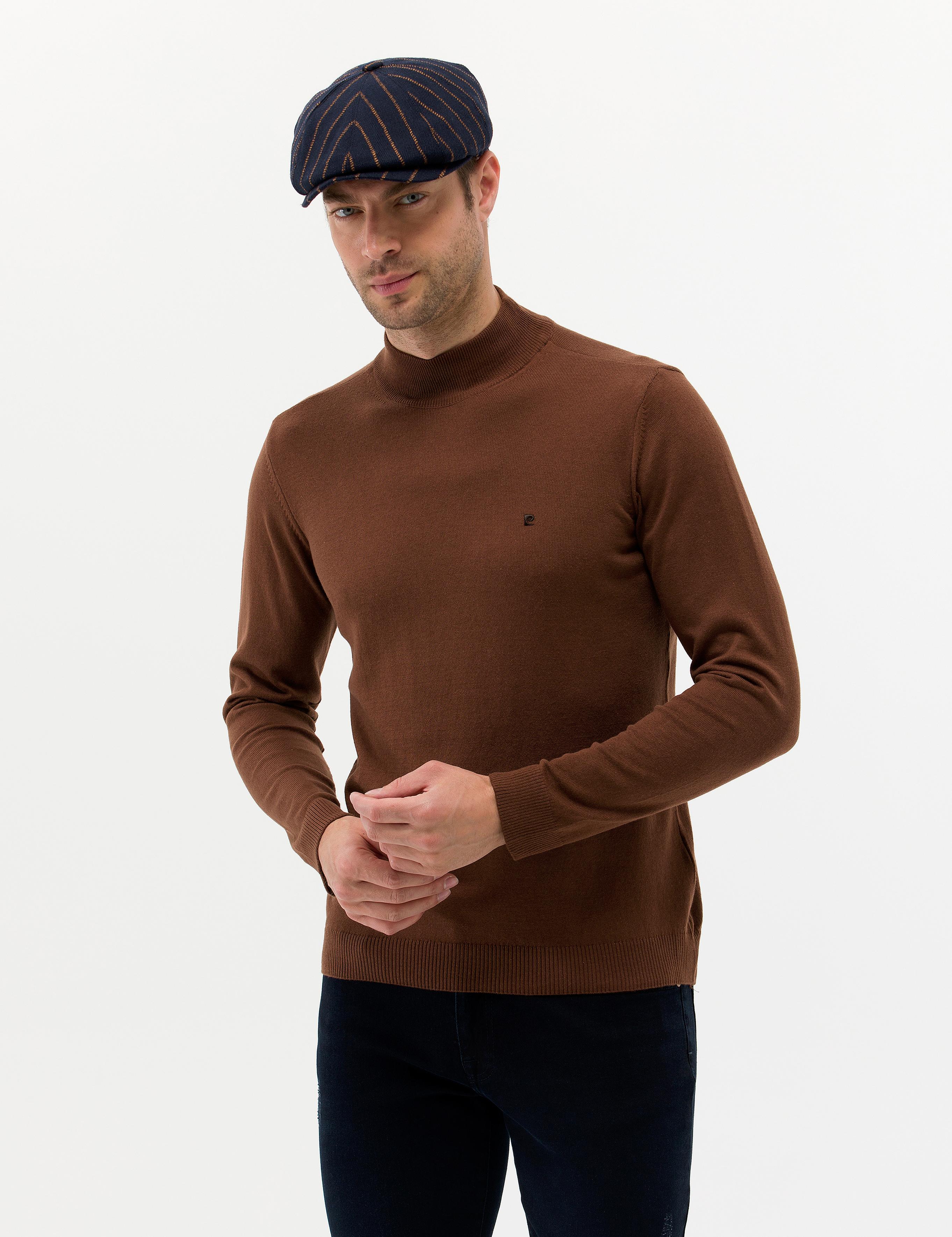 Kahverengi Slim Fit Yarım Balıkçı Yaka Basic Triko Kazak