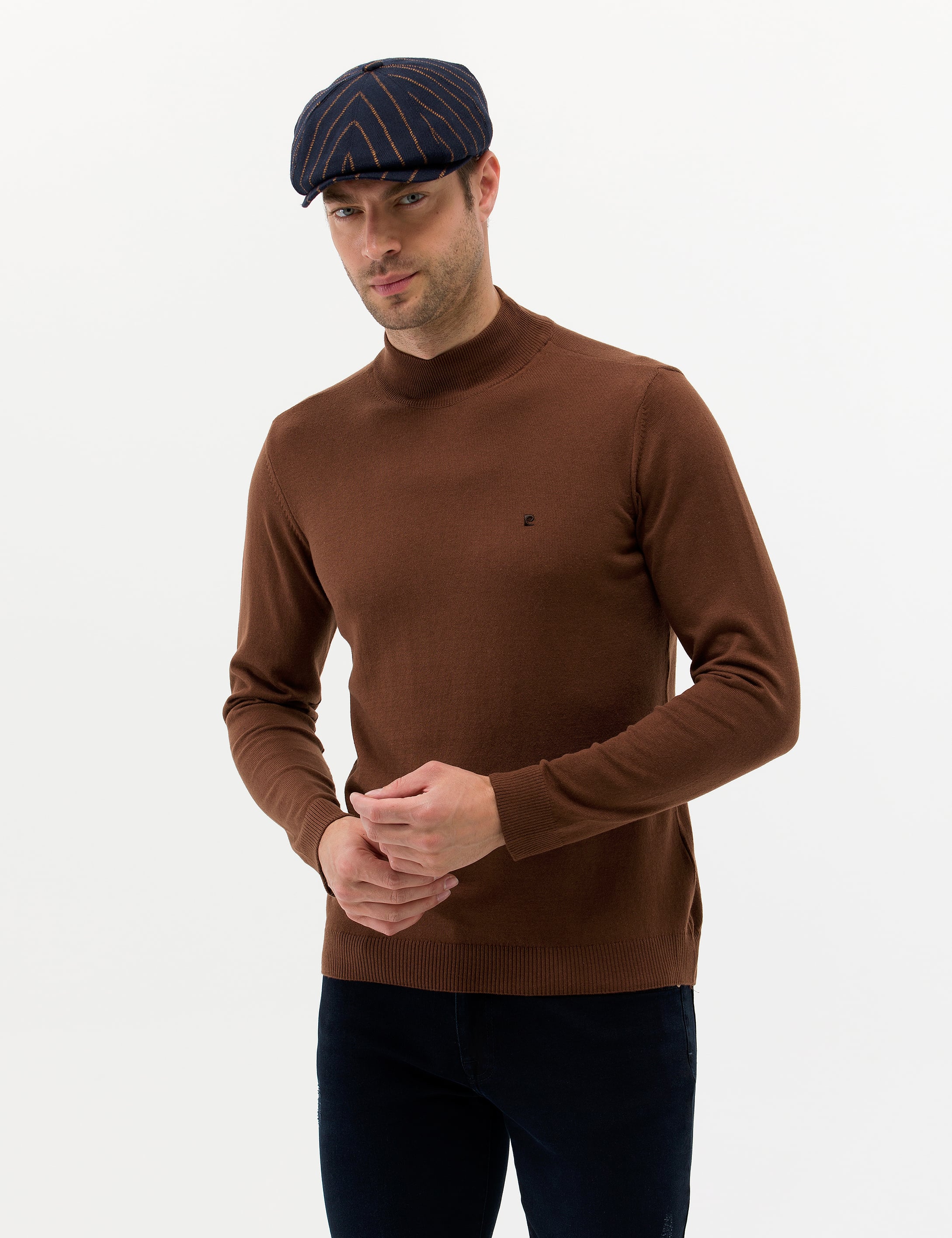 Kahverengi Slim Fit Yarım Balıkçı Yaka Basic Triko Kazak