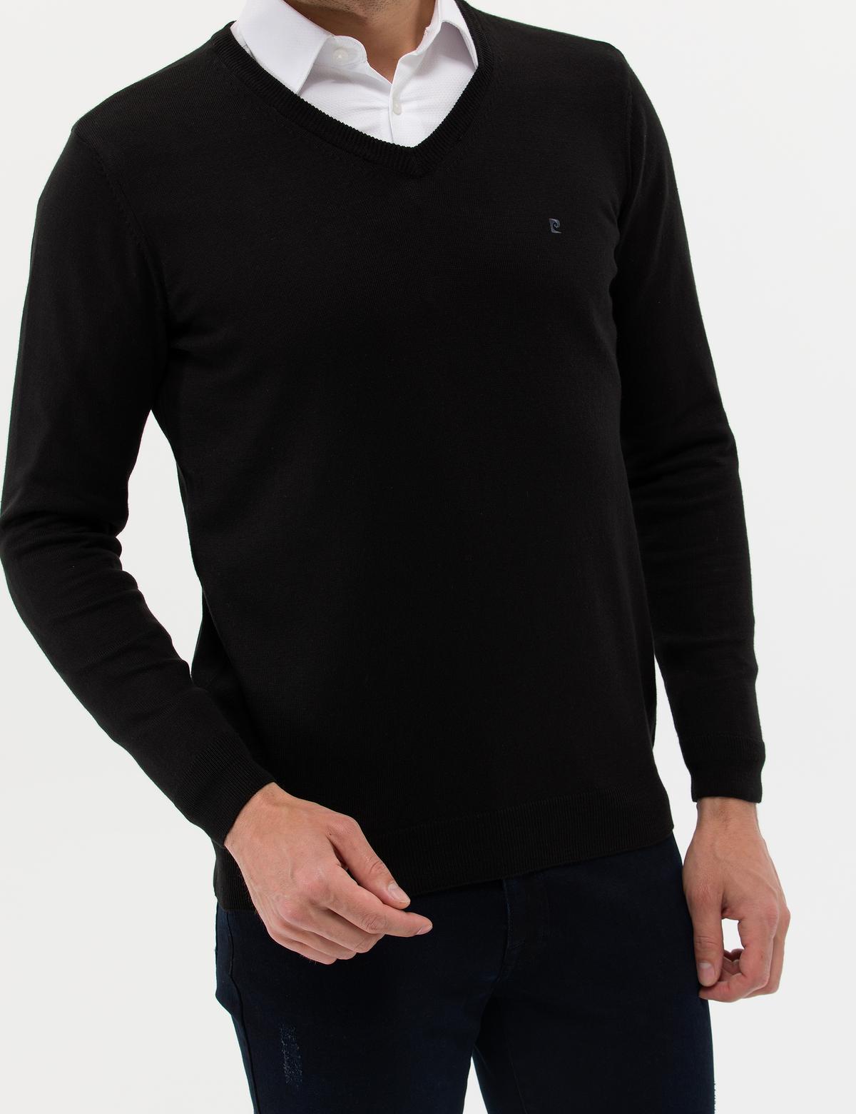 Siyah Slim Fit V Yaka Basic Triko Kazak - 50276536033