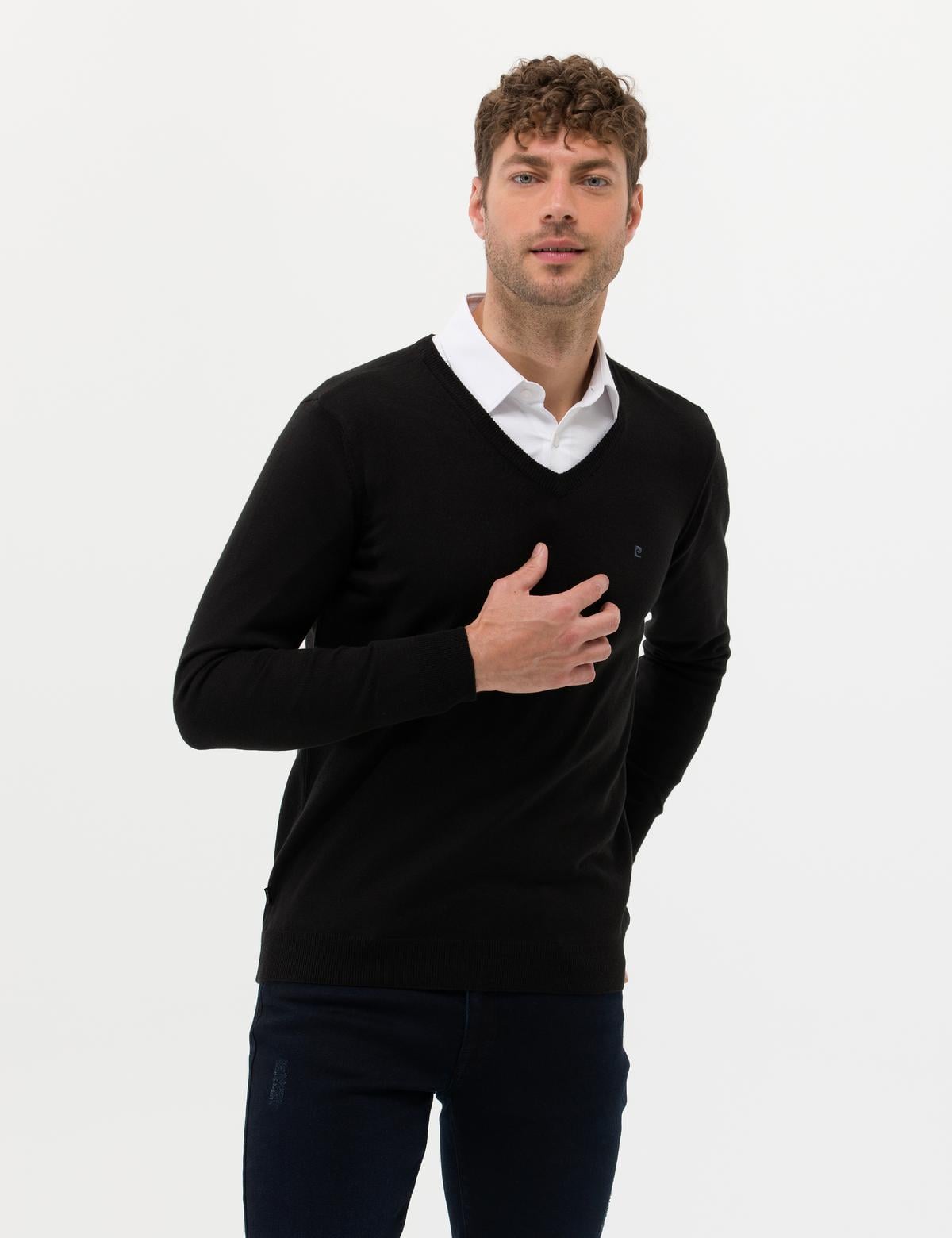 Siyah Slim Fit V Yaka Basic Triko Kazak - 50276536033