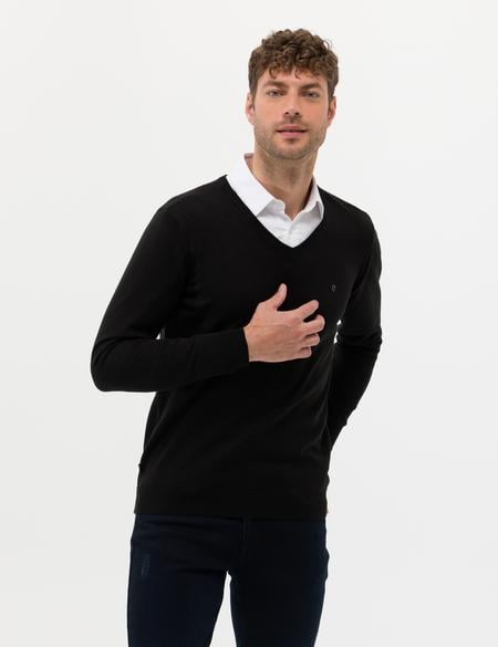 Siyah Slim Fit V Yaka Basic Triko Kazak - 50276536033