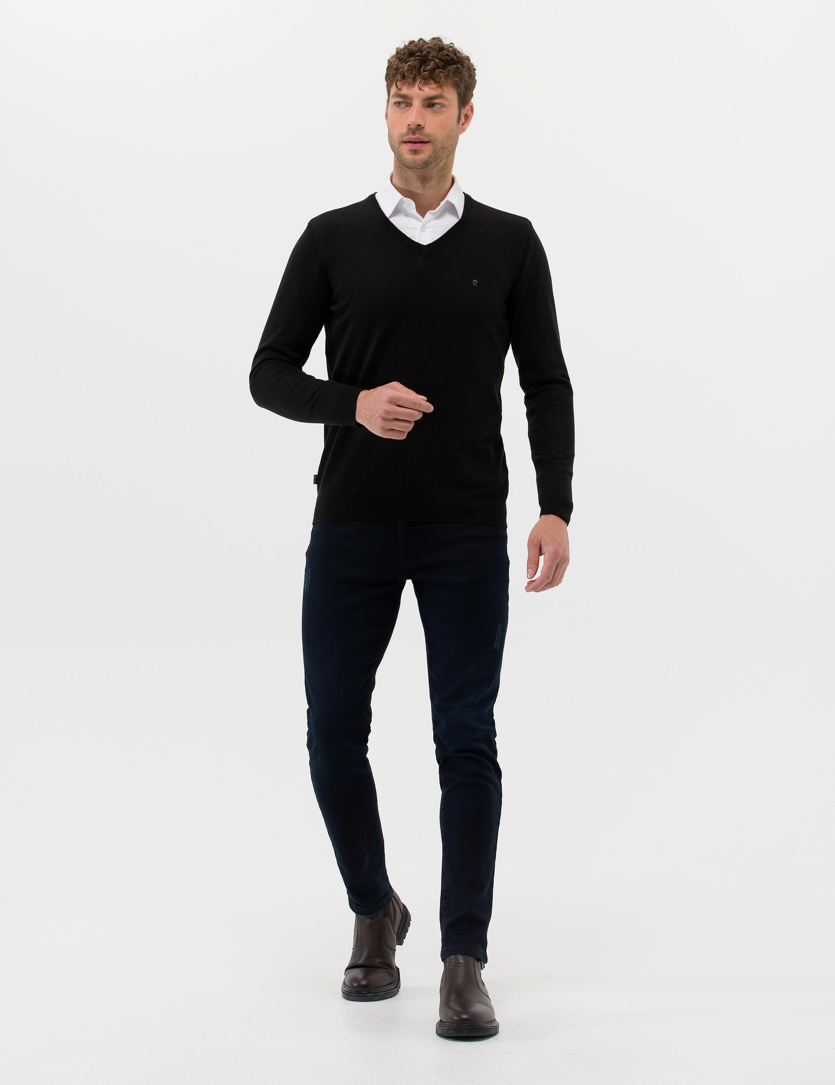 Siyah Slim Fit V Yaka Basic Triko Kazak