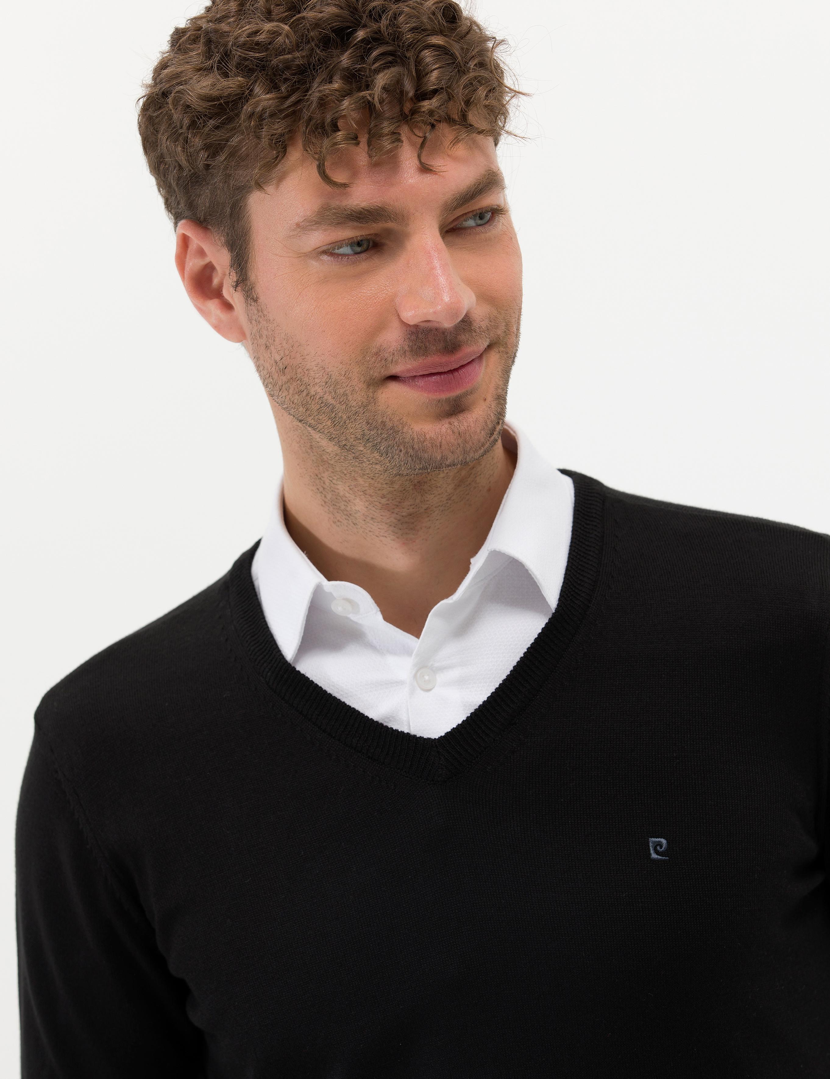 Siyah Slim Fit V Yaka Basic Triko Kazak