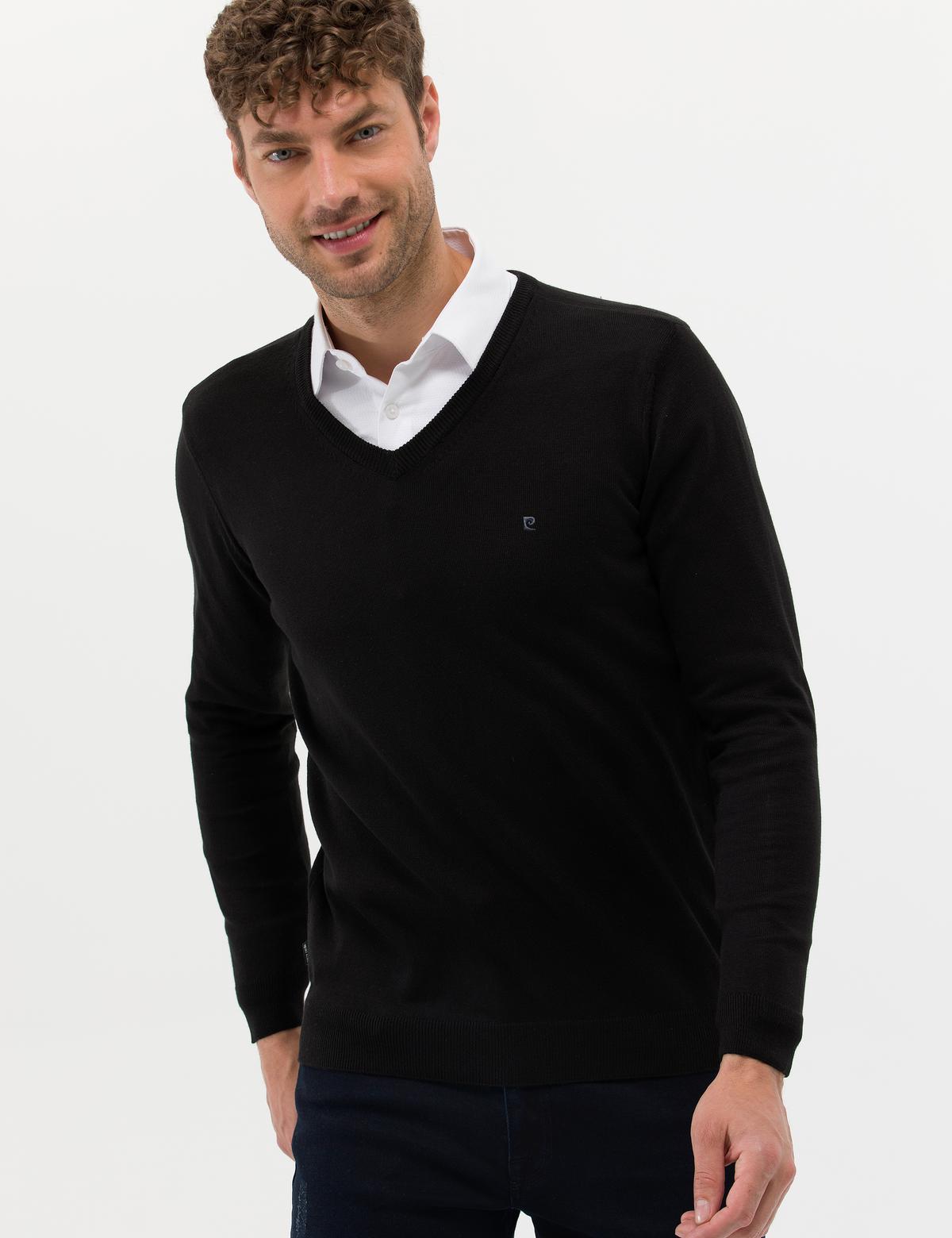 Siyah Slim Fit V Yaka Basic Triko Kazak