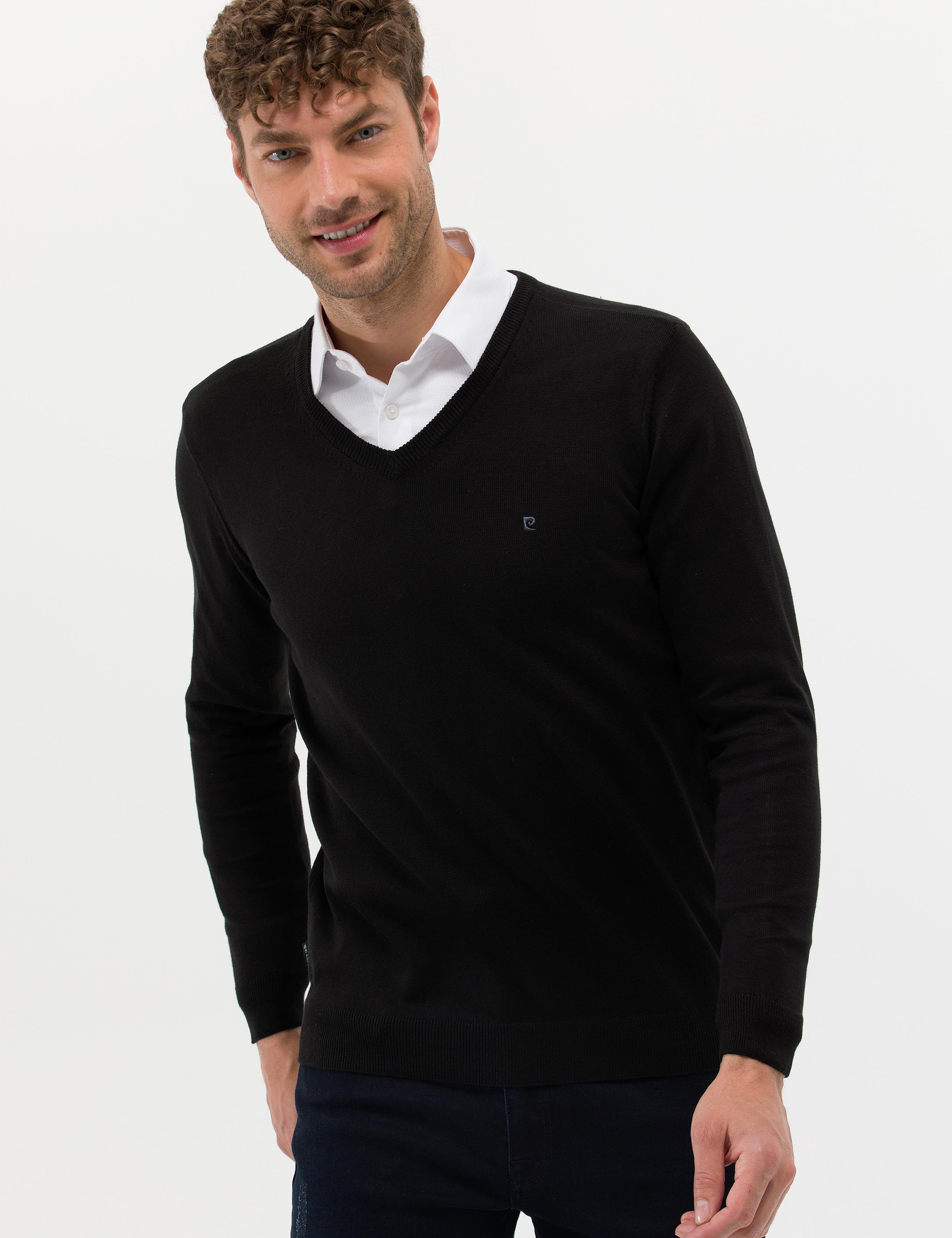 Siyah Slim Fit V Yaka Basic Triko Kazak