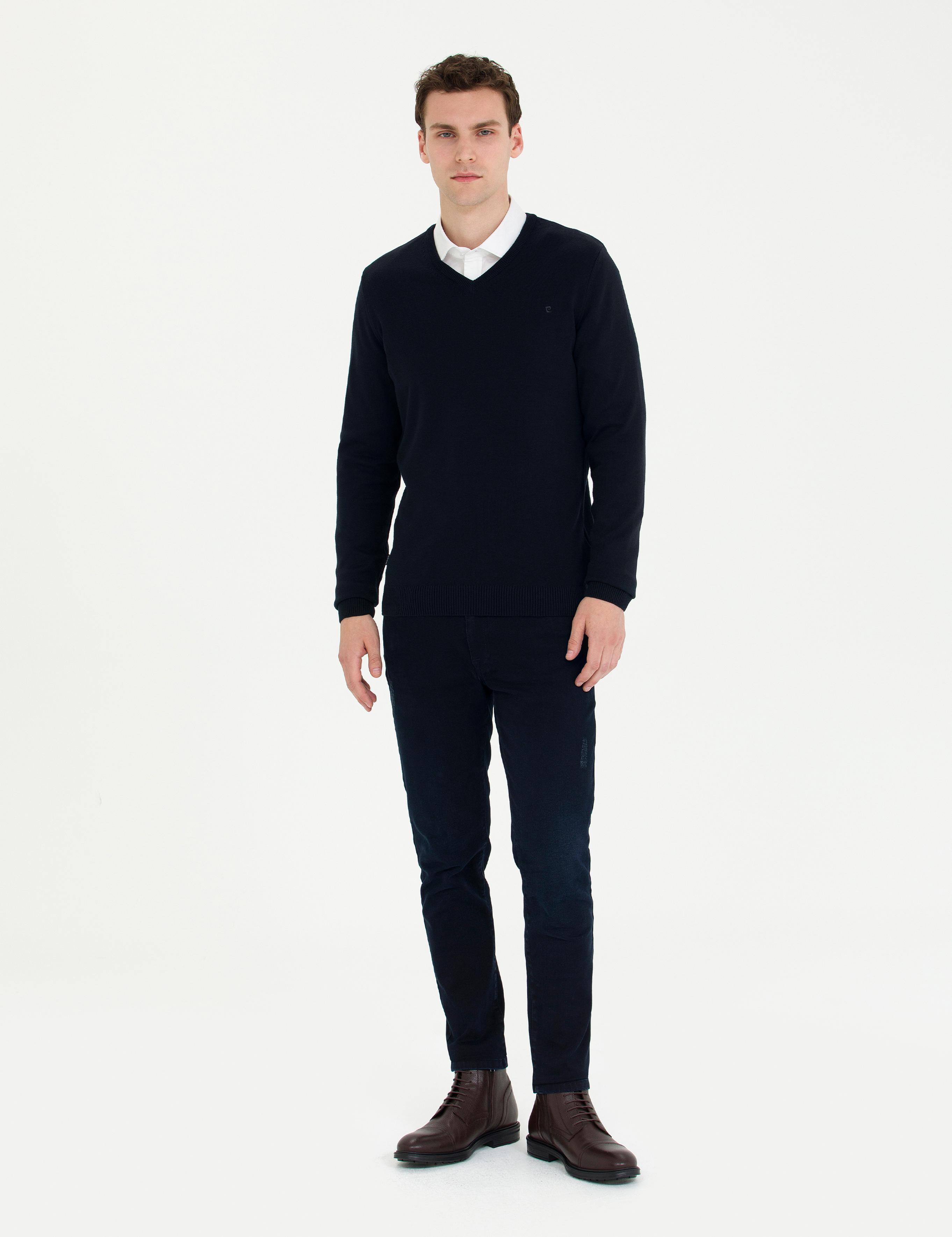 Lacivert Slim Fit V Yaka Basic Triko Kazak