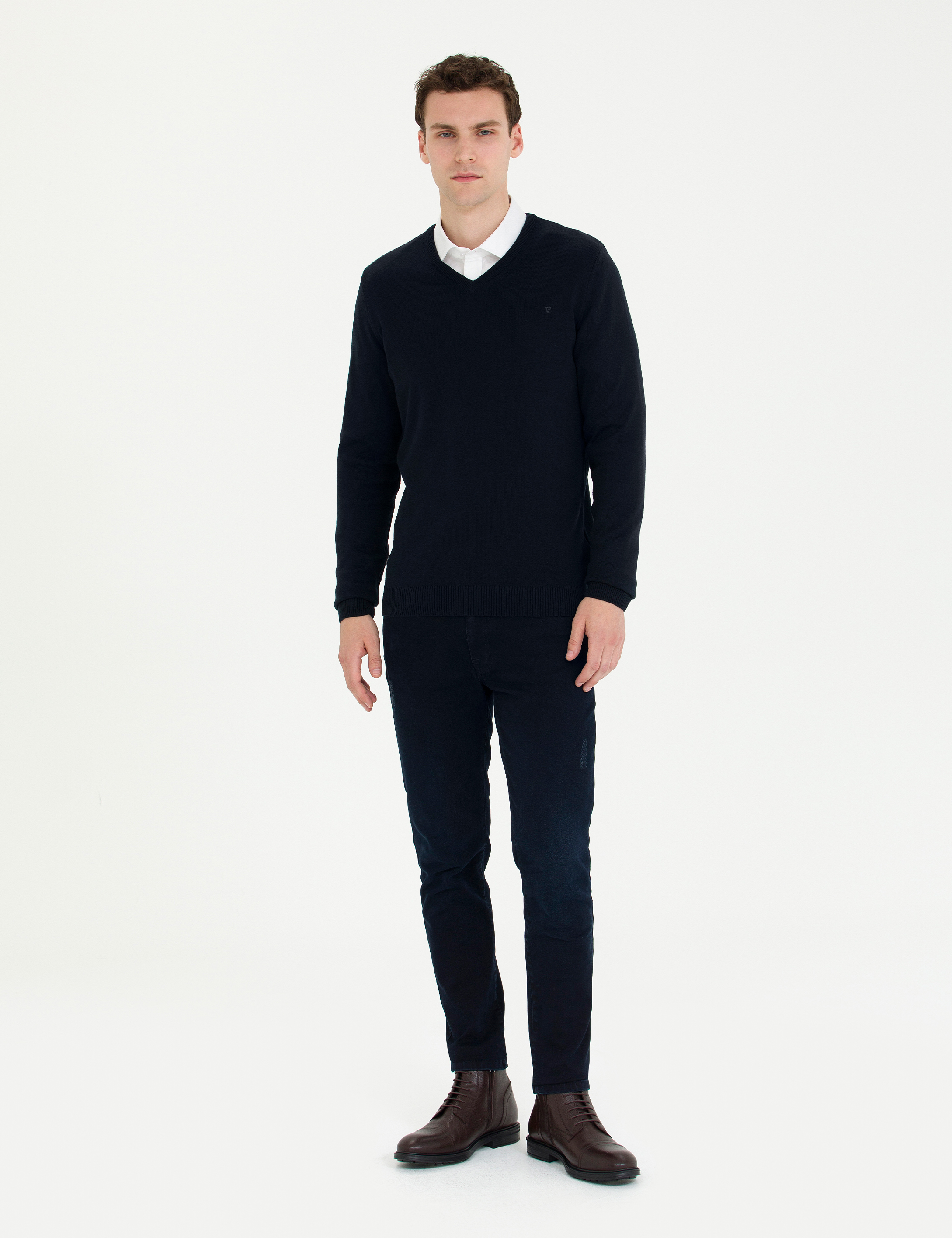 Lacivert Slim Fit V Yaka Basic Triko Kazak - Image 4