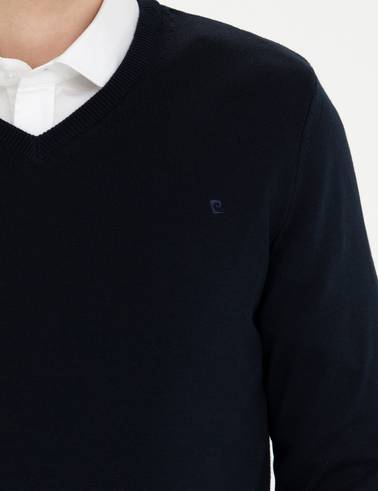 Lacivert Slim Fit V Yaka Basic Triko Kazak