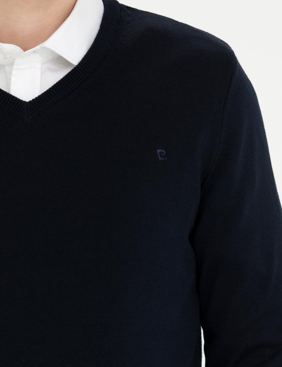 Lacivert Slim Fit V Yaka Basic Triko Kazak