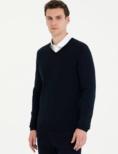 Lacivert Slim Fit V Yaka Basic Triko Kazak